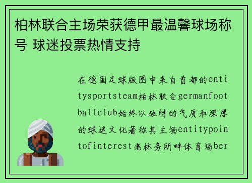 柏林联合主场荣获德甲最温馨球场称号 球迷投票热情支持